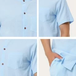 Allegra K Men's Linen Sets Band Collar Button Down Short Sleeves Shirt Solid Beach Shorts Suits