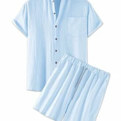 Allegra K Men's Linen Sets Band Collar Button Down Short Sleeves Shirt Solid Beach Shorts Suits