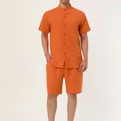 Allegra K Men's Linen Sets Band Collar Button Down Short Sleeves Shirt Solid Beach Shorts Suits