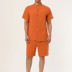 Allegra K Men's Linen Sets Band Collar Button Down Short Sleeves Shirt Solid Beach Shorts Suits