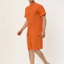 Allegra K Men's Linen Sets Band Collar Button Down Short Sleeves Shirt Solid Beach Shorts Suits