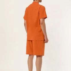 Allegra K Men's Linen Sets Band Collar Button Down Short Sleeves Shirt Solid Beach Shorts Suits