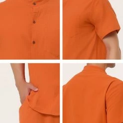 Allegra K Men's Linen Sets Band Collar Button Down Short Sleeves Shirt Solid Beach Shorts Suits