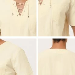 Allegra K Men's Summer Lace Up T-Shirt Solid Color Short Sleeve V-Neck Linen Shirt