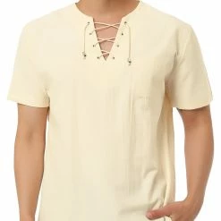 Allegra K Men's Summer Lace Up T-Shirt Solid Color Short Sleeve V-Neck Linen Shirt