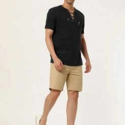 Allegra K Men's Summer Lace Up T-Shirt Solid Color Short Sleeve V-Neck Linen Shirt