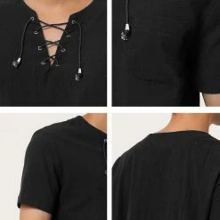 Allegra K Men's Summer Lace Up T-Shirt Solid Color Short Sleeve V-Neck Linen Shirt
