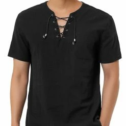 Allegra K Men's Summer Lace Up T-Shirt Solid Color Short Sleeve V-Neck Linen Shirt
