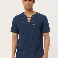 Allegra K Men's Summer Lace Up T-Shirt Solid Color Short Sleeve V-Neck Linen Shirt