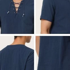 Allegra K Men's Summer Lace Up T-Shirt Solid Color Short Sleeve V-Neck Linen Shirt