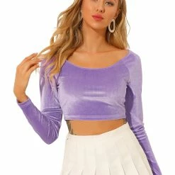 Allegra K Women's Velvet Long Sleeve Off Shoulder Solid Crop Top