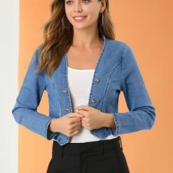 Allegra K Women's Open Front Long Sleeve Button Decor Washed Cropped Denim Jacket