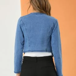 Allegra K Women's Open Front Long Sleeve Button Decor Washed Cropped Denim Jacket