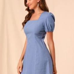 Allegra K Women's Elegant Square Neck Dresses Solid Color Cotton Puff Sleeve A-Line Short Dress