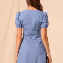 Allegra K Women's Elegant Square Neck Dresses Solid Color Cotton Puff Sleeve A-Line Short Dress