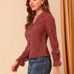 Allegra K Women's Puff Long Sleeve Blouse Heart Polka Dots Button Up Shirts