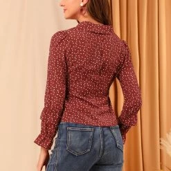 Allegra K Women's Puff Long Sleeve Blouse Heart Polka Dots Button Up Shirts