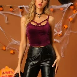 Allegra K Women's Spaghetti Strap Velvet Crop Cami Tank Top 48 Allegra K Women's Spaghetti Strap Velvet Crop Cami Tank Top