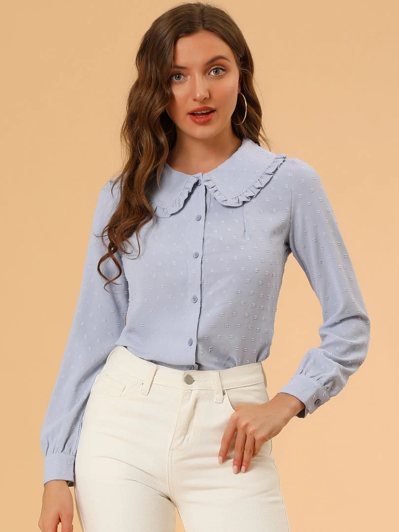 Allegra K Women's Swiss Dots Long Sleeves Button Front Shirt Peter Pan Collar Blouse 5 Allegra K Women's Swiss Dots Long Sleeves Button Front Shirt Peter Pan Collar Blouse