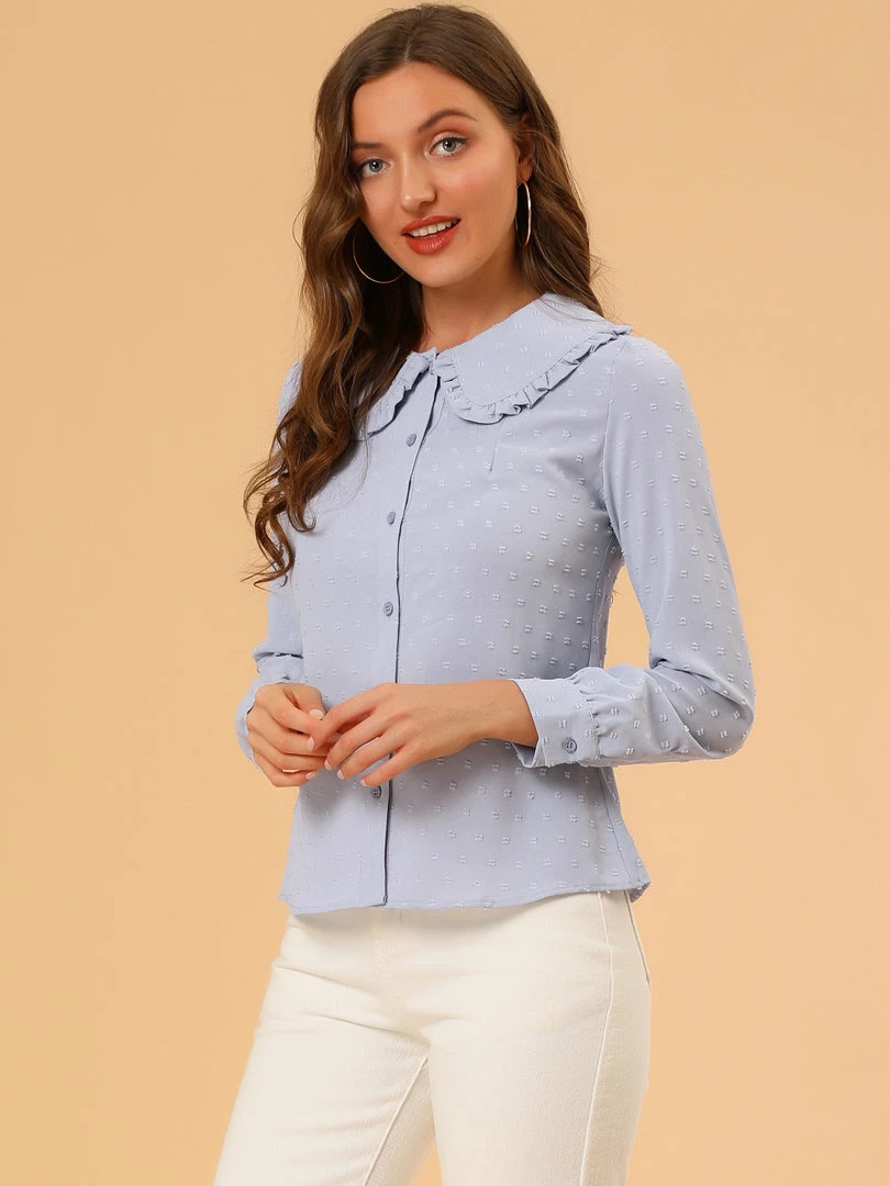 Allegra K Women's Swiss Dots Long Sleeves Button Front Shirt Peter Pan Collar Blouse 7 Allegra K Women's Swiss Dots Long Sleeves Button Front Shirt Peter Pan Collar Blouse