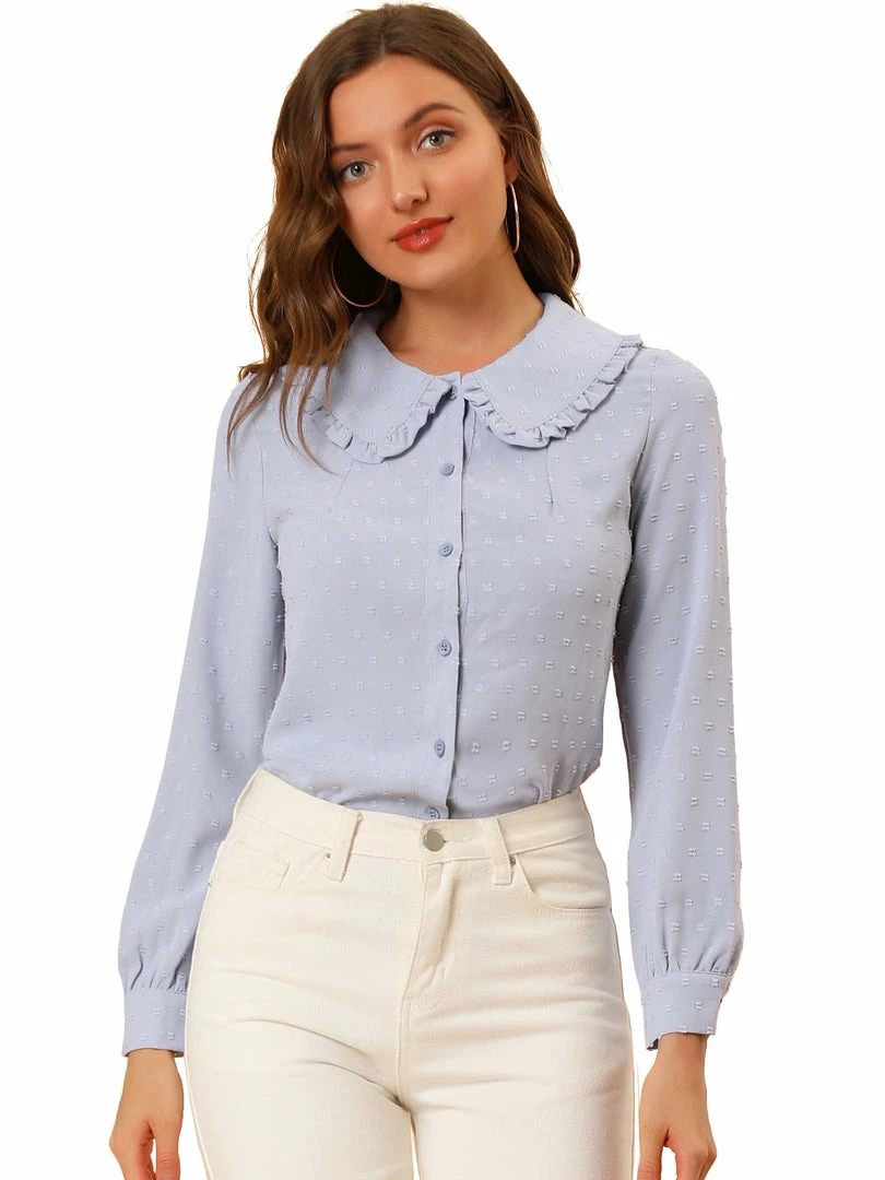 Allegra K Women's Swiss Dots Long Sleeves Button Front Shirt Peter Pan Collar Blouse 4 Allegra K Women's Swiss Dots Long Sleeves Button Front Shirt Peter Pan Collar Blouse