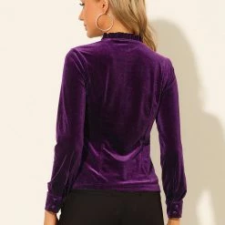 Allegra K Women's Ruffle Collar Button Front Half Placket Long Sleeve Velvet Tops 14 Allegra K Women's Ruffle Collar Button Front Half Placket Long Sleeve Velvet Tops
