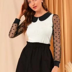 Allegra K Women's Peter Pan Collar Contrast Color Mesh Sheer Dots Sleeve Tops