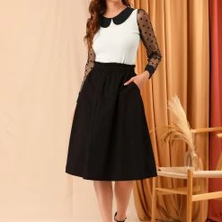 Allegra K Women's Peter Pan Collar Contrast Color Mesh Sheer Dots Sleeve Tops