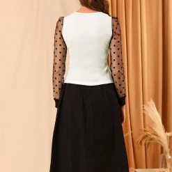 Allegra K Women's Peter Pan Collar Contrast Color Mesh Sheer Dots Sleeve Tops