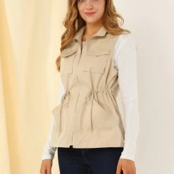 Allegra K Women's Utility Sleeveless Casual Drawstring Zipper Cargo Vest 12 Allegra K Women's Utility Sleeveless Casual Drawstring Zipper Cargo Vest