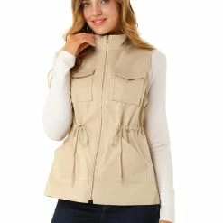 Allegra K Women's Utility Sleeveless Casual Drawstring Zipper Cargo Vest