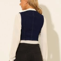 Allegra K Women's Denim Button Up Vintage Sleeveless Jean Crop Racerback Vest