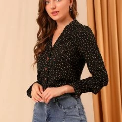 Allegra K Women's Puff Long Sleeve Blouse Heart Polka Dots Button Up Shirts