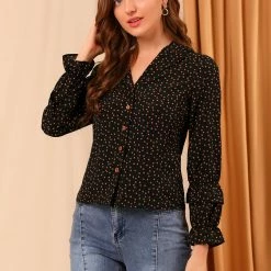 Allegra K Women's Puff Long Sleeve Blouse Heart Polka Dots Button Up Shirts