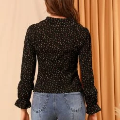 Allegra K Women's Puff Long Sleeve Blouse Heart Polka Dots Button Up Shirts