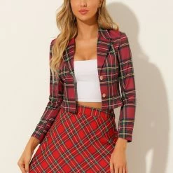 Allegra K Women's Notched Lapel Stretch Plaid Preppy Tartan Crop Blazer