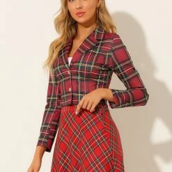 Allegra K Women's Notched Lapel Stretch Plaid Preppy Tartan Crop Blazer