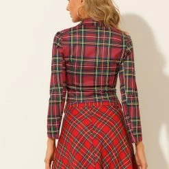 Allegra K Women's Notched Lapel Stretch Plaid Preppy Tartan Crop Blazer