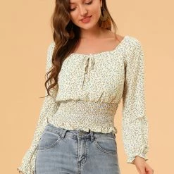 Allegra K Women's Floral Print Long Sleeve Sweetheart Neck Smocked Blouse Top 11 Allegra K Women's Floral Print Long Sleeve Sweetheart Neck Smocked Blouse Top