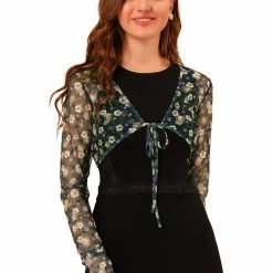 Allegra K Women's Elegant Floral Crop Cardigan Tie Front Sheer Mesh Bolero Shrug Top