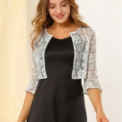 Allegra K Women's Crop Cardigan Bell Sleeve Sheer Floral Lace Shrug Top 13 Allegra K Women's Crop Cardigan Bell Sleeve Sheer Floral Lace Shrug Top