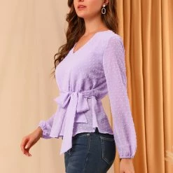 Allegra K Women's V Neck Swiss Dots Blouse Lantern Sleeve Tie Waist Chiffon Peplum Top 13 Allegra K Women's V Neck Swiss Dots Blouse Lantern Sleeve Tie Waist Chiffon Peplum Top