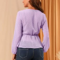 Allegra K Women's V Neck Swiss Dots Blouse Lantern Sleeve Tie Waist Chiffon Peplum Top 14 Allegra K Women's V Neck Swiss Dots Blouse Lantern Sleeve Tie Waist Chiffon Peplum Top