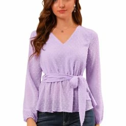 Allegra K Women's V Neck Swiss Dots Blouse Lantern Sleeve Tie Waist Chiffon Peplum Top