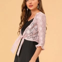Allegra K Women's Elegant Ruffled Sleeve Tie Front Lace Bolero Shrug Top