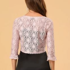 Allegra K Women's Elegant Ruffled Sleeve Tie Front Lace Bolero Shrug Top