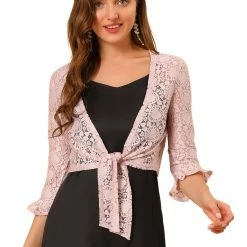 Allegra K Women's Elegant Ruffled Sleeve Tie Front Lace Bolero Shrug Top