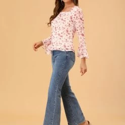 Allegra K Women's Square Neck Bell Sleeve Floral Chiffon Blouse