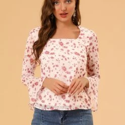 Allegra K Women's Square Neck Bell Sleeve Floral Chiffon Blouse