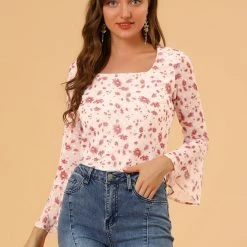 Allegra K Women's Square Neck Bell Sleeve Floral Chiffon Blouse